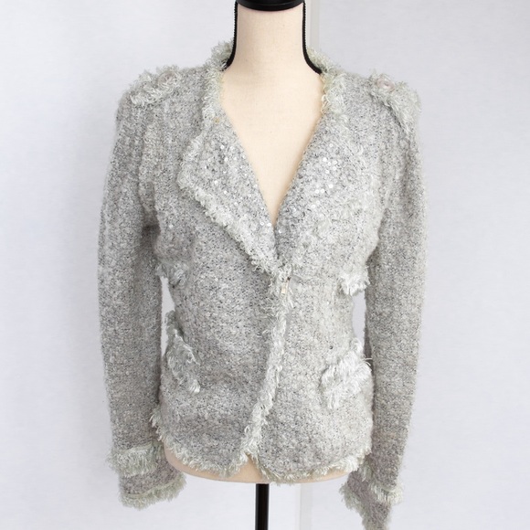 Soft light gray fringe trimmed fuzzy cardigan sweater with sequins by Monoreno S - Picture 5 of 9